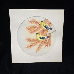 Gold Finchs On Branches Painting, Wild Bird Art On Silk Fabric, Late 90s